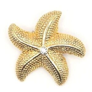 AAI Gold Tone Textured‎ Starfish Vintage Brooch Rhinestone Accent Beach Coastal